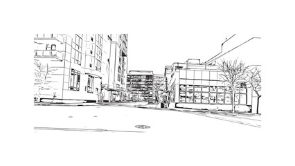 Building view with landmark of Stamford is the city in USA. Hand drawn sketch illustration in vector.