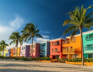 Fototapeta premium Colorful buildings and palm trees create a tropical resort atmosphere.