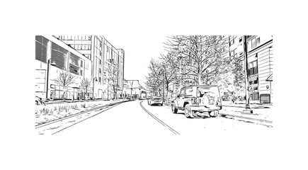 Building view with landmark of Stamford is the city in USA. Hand drawn sketch illustration in vector.