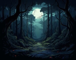 Dark forest scene flat design front view mysterious woods animation Splitcomplementary color scheme