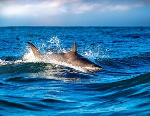 Naklejka premium Blue ocean wave water splashing with shark