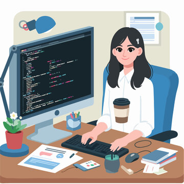 A woman is sitting at a desk with a computer monitor and keyboard in front of her. She is smiling and she is enjoying her work