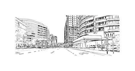 Building view with landmark of Stamford is the city in USA. Hand drawn sketch illustration in vector.