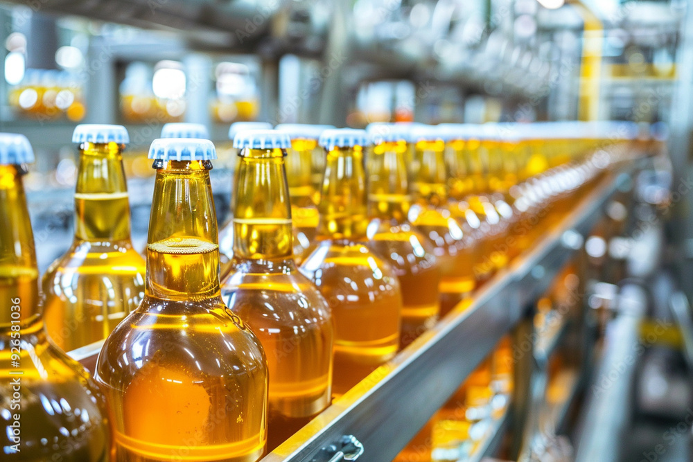 Poster bottling line with rows of sparkling bottles