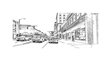 Building view with landmark of Stamford is the city in USA. Hand drawn sketch illustration in vector.