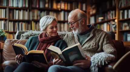 An adult couple sitting comfortably in a cozy library corner reading books together their relaxed postures and the warm inviting atmosphere emphasize the lifelong joy of learning and the shared