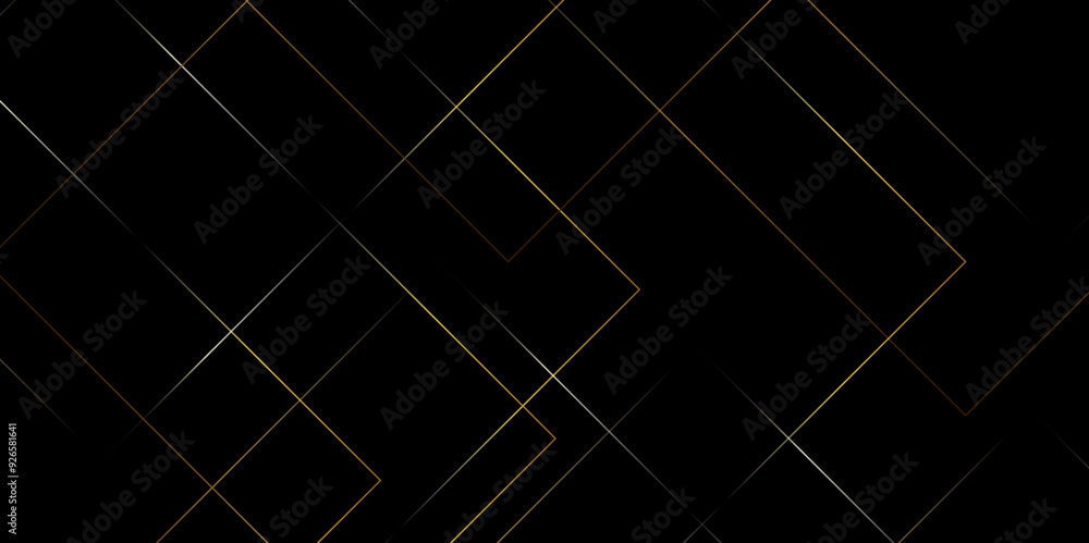 Poster Abstract golden particles square line on dark black background. Digital glowing futuristic technology concept abstract background. Dynamic waves use for business modern concept, vector illustration.	