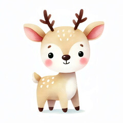 Fototapeta premium Adorable watercolor illustration of a baby deer with big eyes and rosy cheeks, perfect for children's designs and nursery decor.