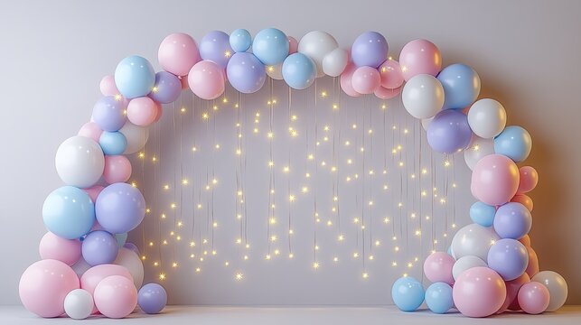 A charming balloon arch with soft colors and twinkling lights, perfect for parties and celebrations.