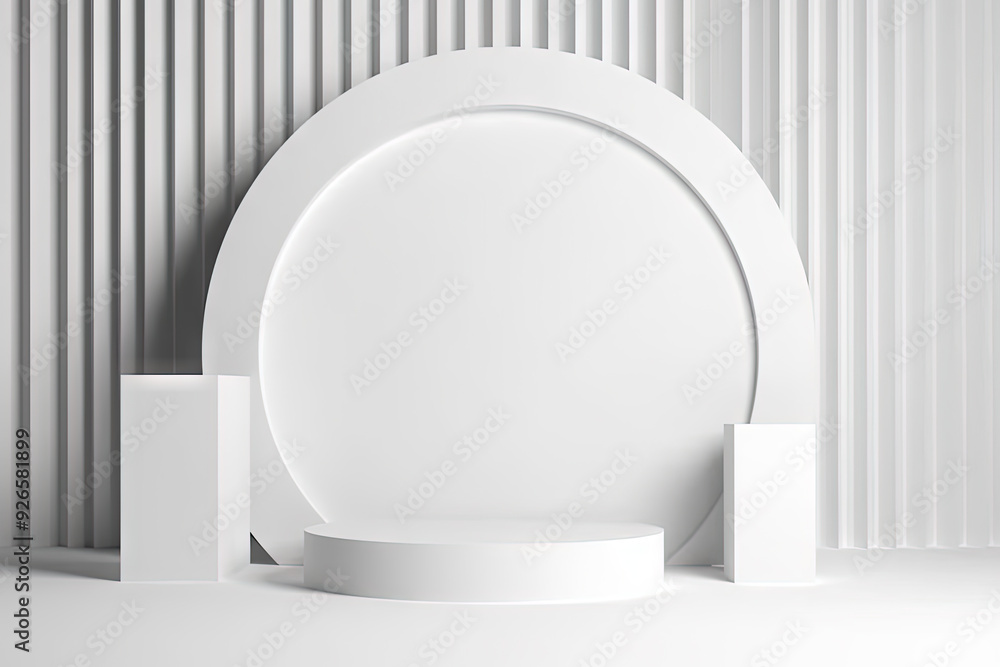 Poster pedestal in the room in white color with geometric shapes. podium for product showcase with geometri