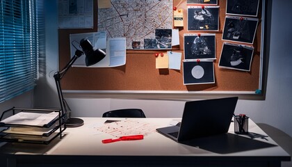 Detective office with a table and a whiteboard with evidence and red string. Police workplace with a laptop and a lamp on the desk and a pinboard with photos, maps and notes for the investigation.