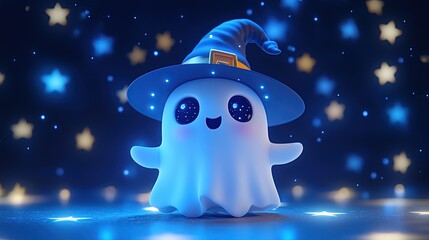 Fototapeta premium A happy ghost character wearing a wizard hat, surrounded by glowing stars, creating a whimsical and festive atmosphere.
