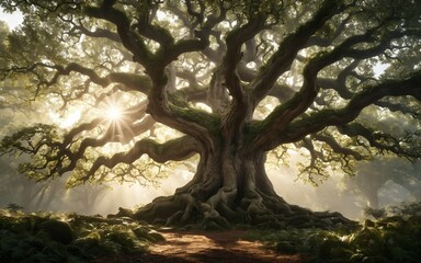 A towering, ancient oak tree in a mystical forest.