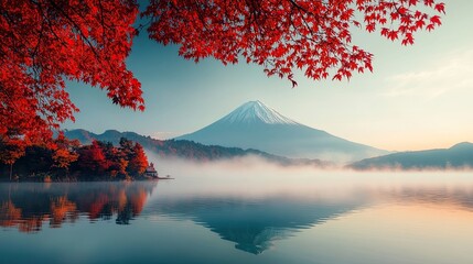 Mount Fuji amidst a colorful autumn landscape with red leaves and morning fog over Lake Kawaguchiko. A serene and picturesque view that showcases the best of Japan's fall season.