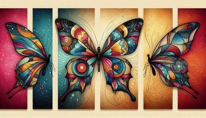 Modern Triptych Art. Butterflies from three different cultures, each depicted with traditional artistic elements. Documentary, Mixed media, Ultra HD
