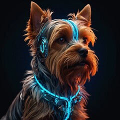 Naklejka premium Abstract neon light Cyborg Yorkshire Terrier Puppy Dog, glowing space background 