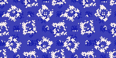 Faded electric blue glitch geo washed effect seamless border. Indigo dye grungy blotched distress abstract banner texture repeat