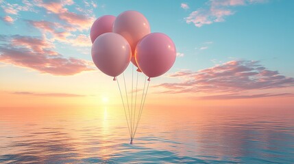 Fototapeta premium Delicate pastel balloons floating serenely above tranquil water during a beautiful sunrise, capturing a moment of joy and peace.