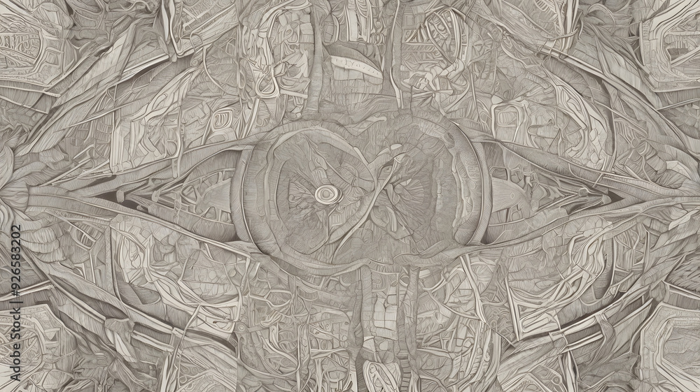 Poster intricate abstract pattern: a mesmerizing grayscale composition of swirling, overlapping lines creat