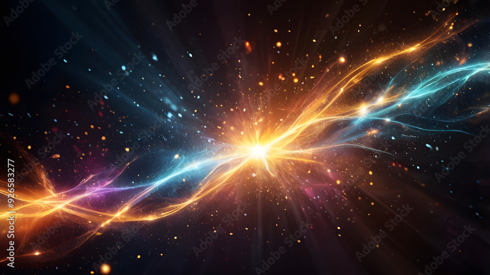 Poster cosmic collision: a mesmerizing abstract background featuring two vibrant streams of light colliding