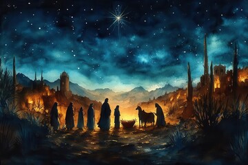 ethereal watercolor nativity scene muted blue tones creating night desert atmosphere silhouettes of shepherds approaching manger star of bethlehem illuminating sky