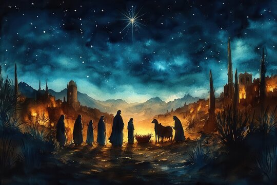 ethereal watercolor nativity scene muted blue tones creating night desert atmosphere silhouettes of shepherds approaching manger star of bethlehem illuminating sky