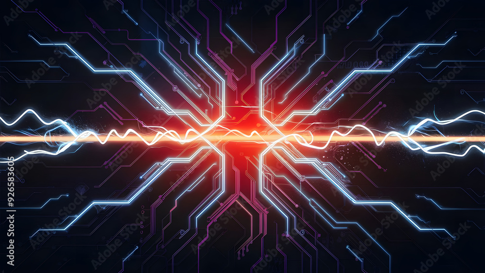 Poster cybernetic synapse: a high-tech abstract background with glowing circuitry and a pulsating energy bu