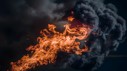 Fototapeta premium Inferno's Embrace: Orange flames dance wildly, entwined with billowing dark smoke in a vibrant display of raw power and destructive beauty. 