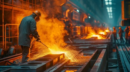 Obraz premium steel mill with furnaces melting metal and workers