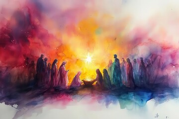 ethereal watercolor nativity scene soft pastel hues glowing star delicate brushstrokes serene expressions heavenly ambiance