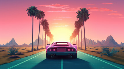 Car ride on the morning road in 80s retro synthwave or 00s vaporwave style.
