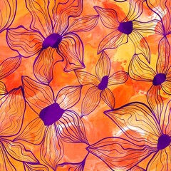 Abstract Line Drawing Wavy Hibiscus Flower Leaves Seamless Textile Upholstery Pattern with Digital Paint Watercolor Tie Dye Batik Background