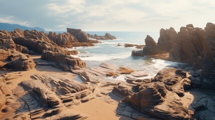 Fototapeta premium Serene Coastal Landscape with Majestic Cliff, Endless Ocean, and Clear Sky