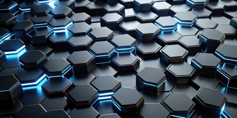 Fototapeta premium Technological backdrop featuring black hexagons of different heights with top lighting , technology, rendering, futuristic