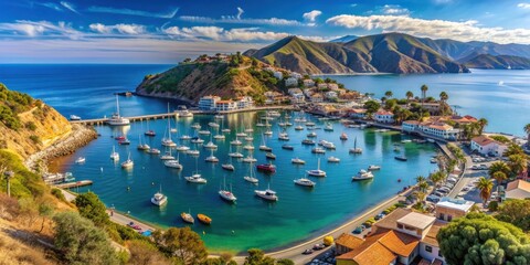 Scenic view of Avalon Harbor on Catalina Island overlooking the Pacific Ocean, Avalon, Catalina Island, California, harbor, boats