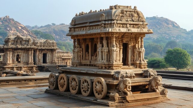 The ancient ruins of Hampi, showcasing the impressive stone chariot and intricately carved temples.