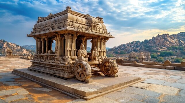 The ancient ruins of Hampi, showcasing the impressive stone chariot and intricately carved temples.