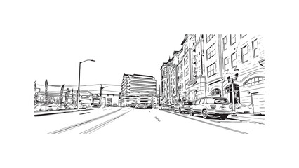 Obraz premium Building view with landmark of Stamford is the city in USA. Hand drawn sketch illustration in vector.