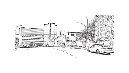 Building view with landmark of Stamford is the city in USA. Hand drawn sketch illustration in vector.