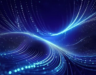 Futuristic 3D backdrop with sparkling particles glowing in space. The particles create lines and shapes, resembling a microscopic world or outer space. Blue background version.