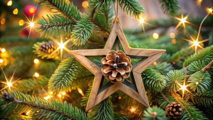 Handmade wooden star ornament with pinecones and twinkling lights on Christmas tree, sustainable, eco-friendly