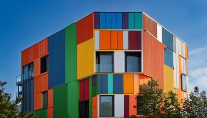 Geometric patterns in contrasting colors and shapes adorn the walls of a contemporary building.