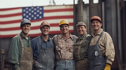 Fototapeta premium A group of factory workers standing together, smiling and taking a break, with the American flag proudly displayed behind them, representing the camaraderie and pride of the working class