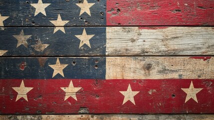 A close-up of the stars and stripes of the American flag, set against a background of weathered wood, capturing the essence of national pride and the passage of time