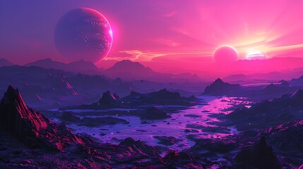 An alien sunrise on a distant planet, with several moons in the sky, unique rock formations and alien vegetation, vibrant hues of purple and red, ethereal light effects,
