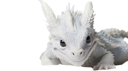 One newborn white dragon on a white background. Telephoto lens photography Realistic daylight