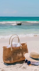 A straw beach bag and a sun hat on a pristine white sandy beach near turquoise ocean waves.