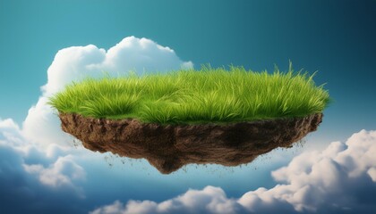 Green patch of grass floating in mid-air, complete with soil. An isolated 3D image with clouds in the background.