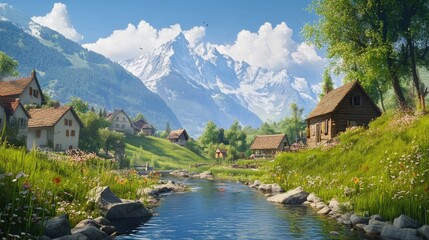 Fototapeta premium The beauty of the Swiss Alps captured in a landscape with a peaceful river stream, quaint houses, and lush greenery, offering a glimpse of idyllic rural life.