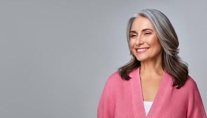 Obraz premium Happy Asian Woman. Portrait of Beautiful Older Mid Aged Mature Smiling Woman in Pink Clothes Isolated on Grey Background. Anti-aging Skin Care Face Beauty Product. Banner with Copy Space.